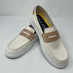 Cole Haan White and Tan Womens Grand Pro Rally Canvas Penny Loafers Size 9.5 B